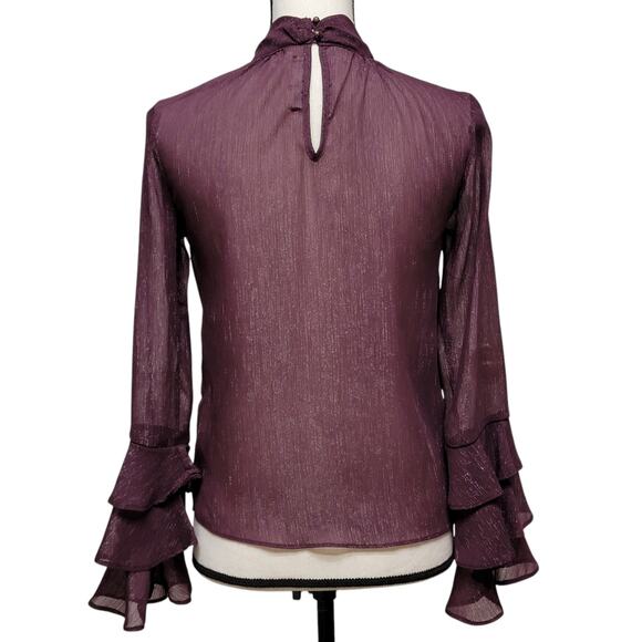 Purple Blouse Womens Sz XS Sparkle Sheer Ruffle‎ Sleeve Keyhole Whimsygoth Party - Picture 6 of 8